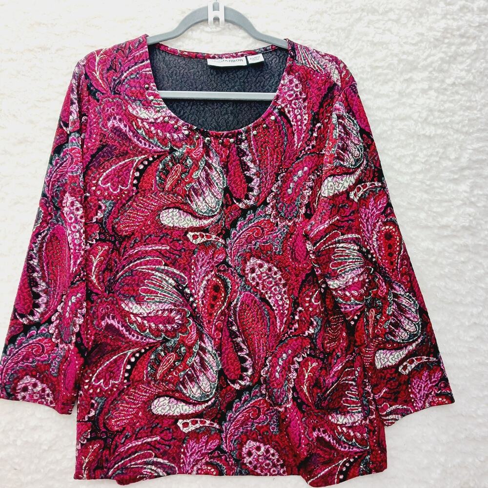 Blouse Paisley Red Pink Black Y2K Boho Glam Bold Silver Studs Whimsycore Size XL